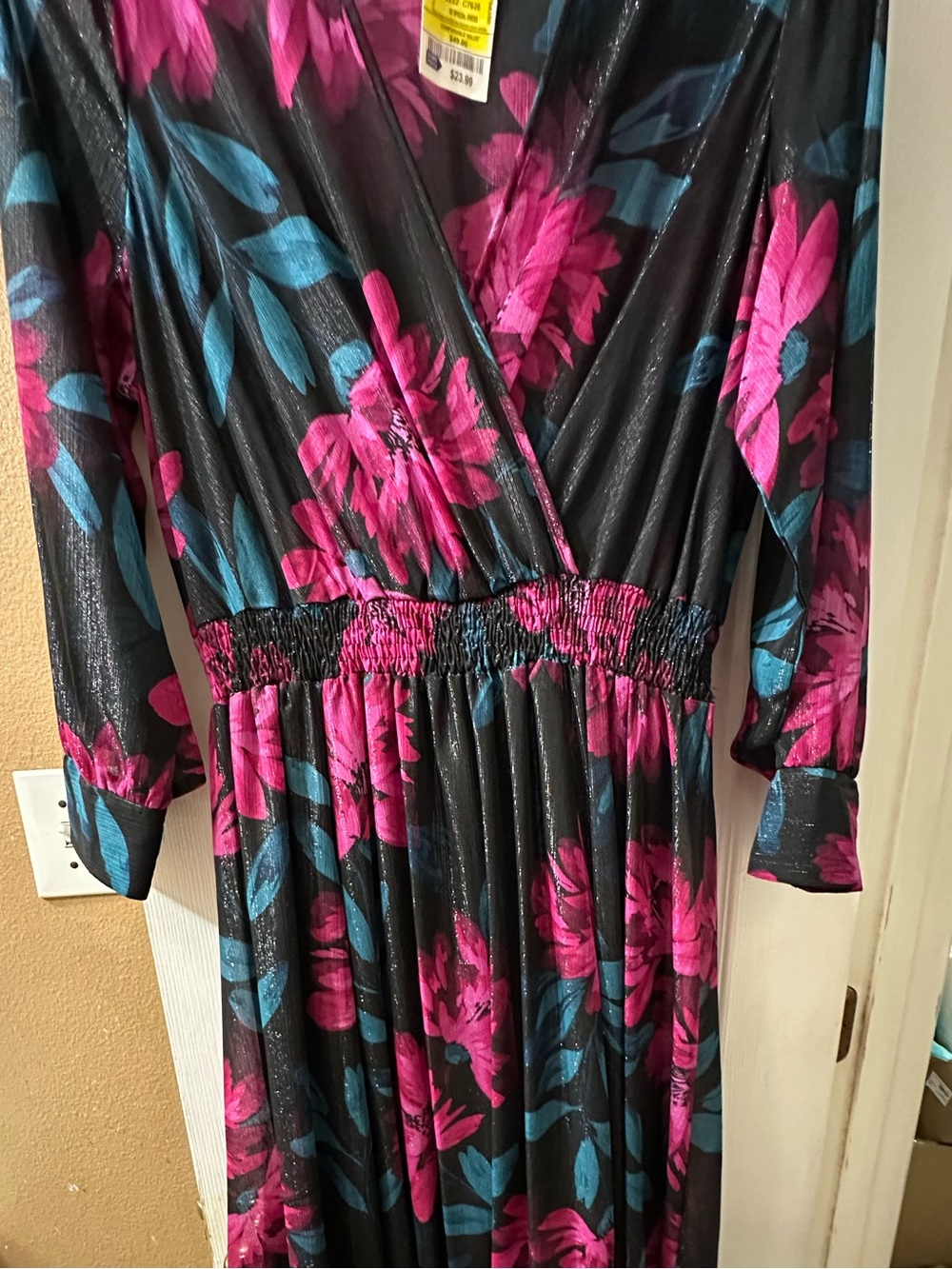 Enfocus Studio Black Maxi Dress with Pink & Teal Floral Print